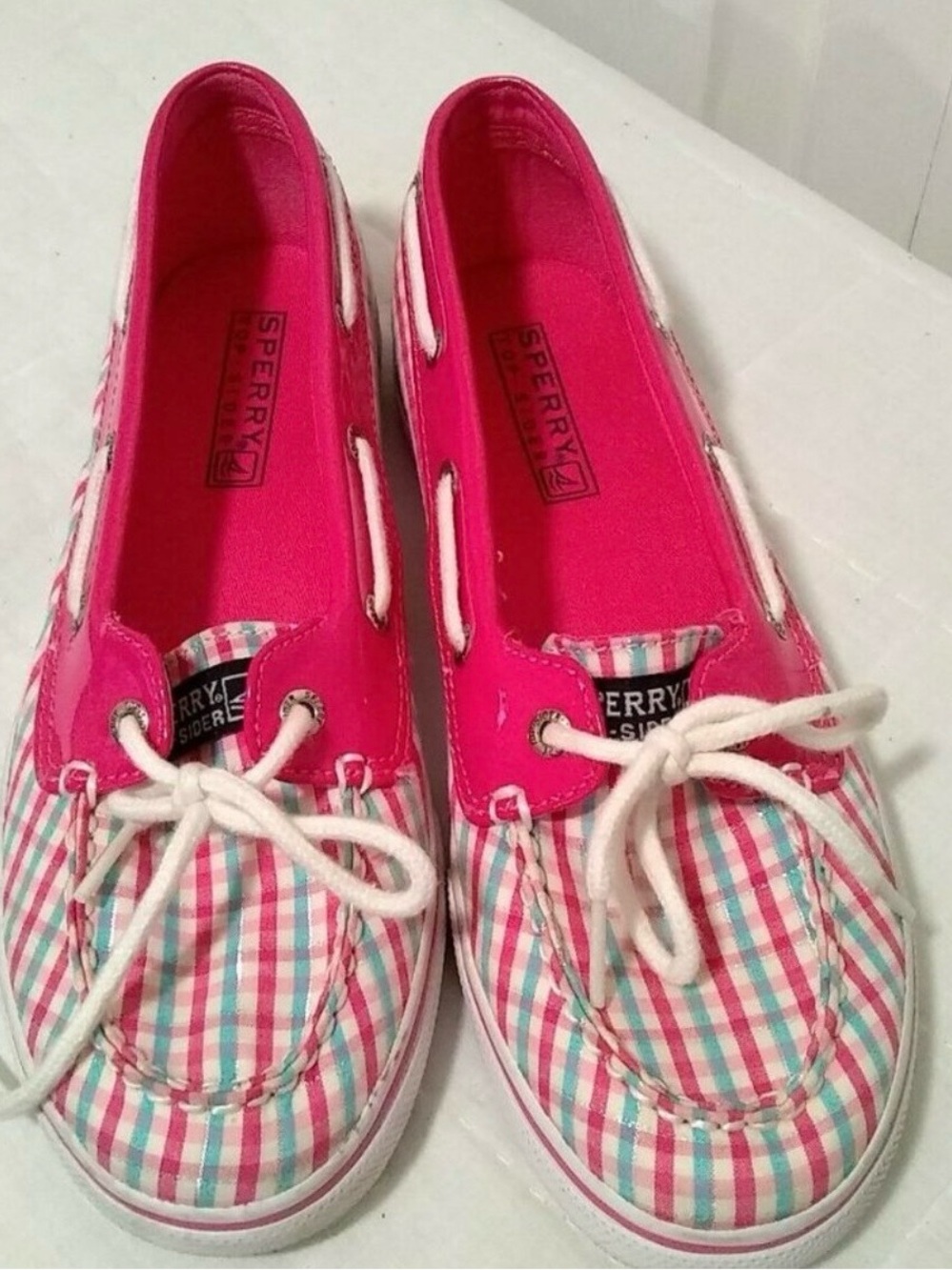 Sperry Kids Hot Pink Plaid Moccasins